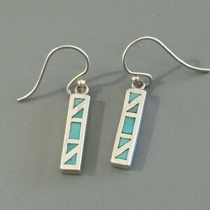 Southwestern Turquoise Inlay Sterling Silver Bar Drop Earrings